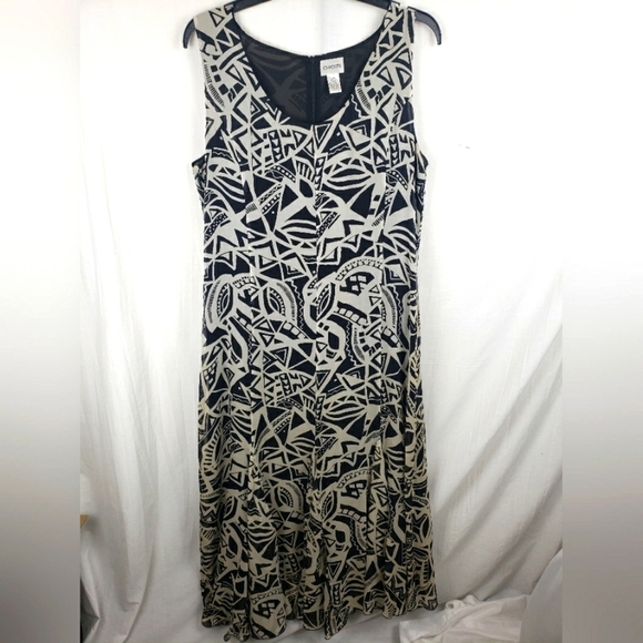 Chico's Black And Taupe Abstract Shapes Sleeveless Maxi 100% Silk Dress Sz L - Picture 1 of 10